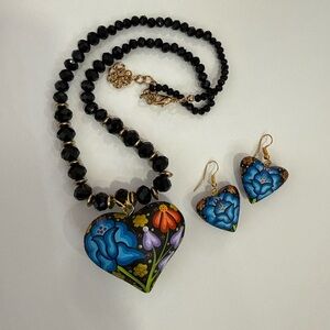 Hand-Painted Blue Floral Heart Pendant Necklace & Earring Set